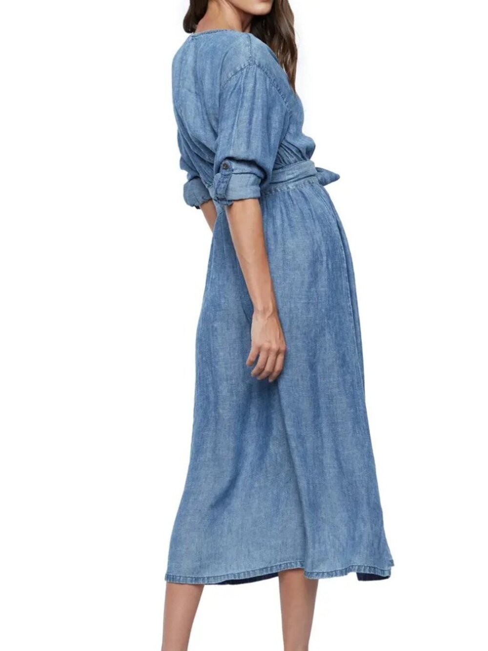 Wash Lab Denim Button Front Long Shirt Dress in Blue